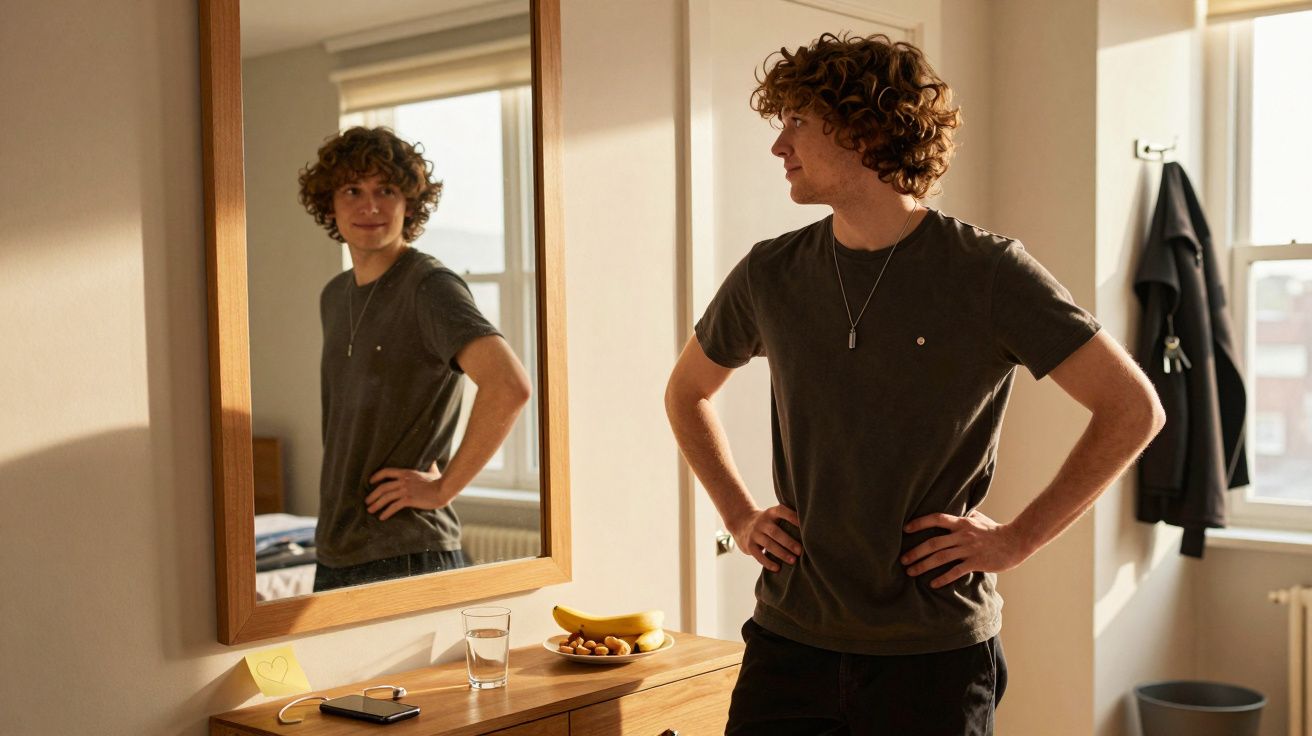 Mann mit lockigem Haar steht vor einem Spiegel in einem hellen Zimmer, mit Früchten und einem Glas Wasser auf dem Tisch.