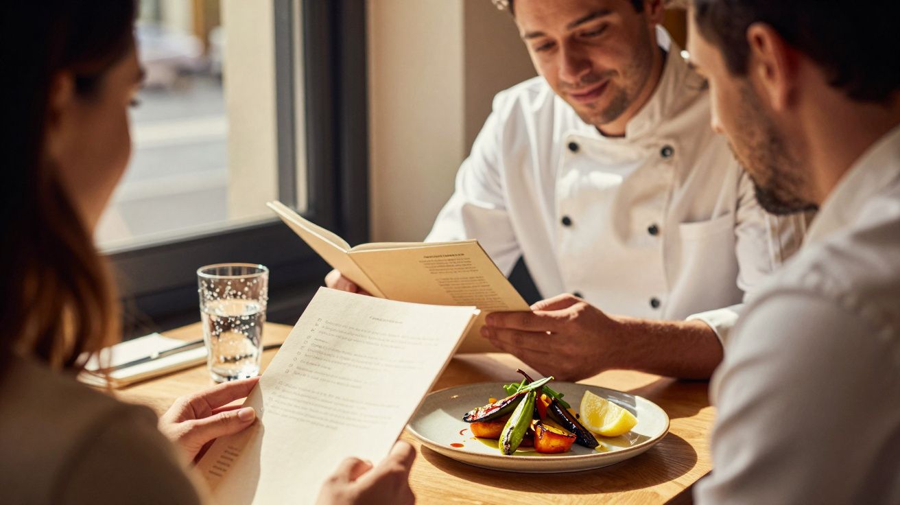 Drei Personen im Restaurant lesen Menüs; ein Kochgericht mit Gemüse und Zitrone auf dem Tisch.