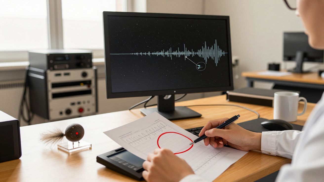 Person analysiert seismische Daten auf Papier und Computerbildschirm, sitzt an einem Schreibtisch im Büro.