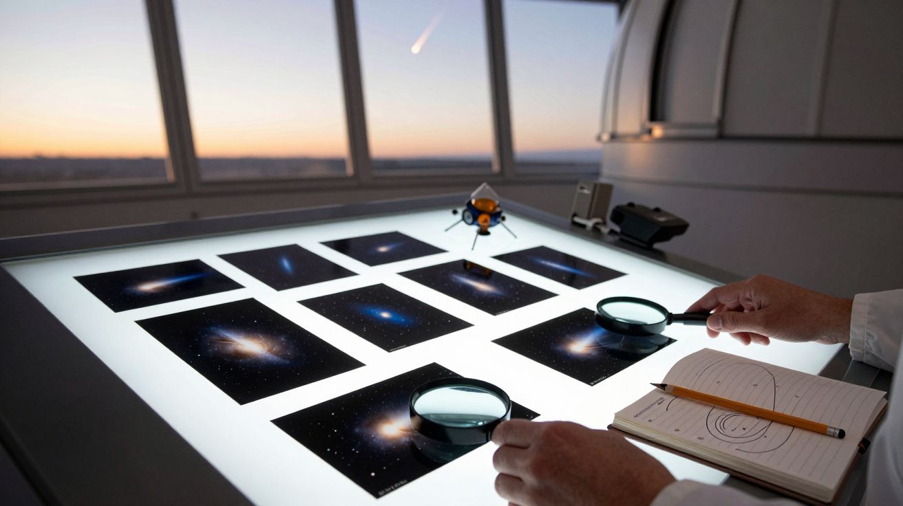 Ein Wissenschaftler betrachtet mit einer Lupe Fotos von Galaxien auf einem Leuchttisch im Observatorium während des Sonnenunt