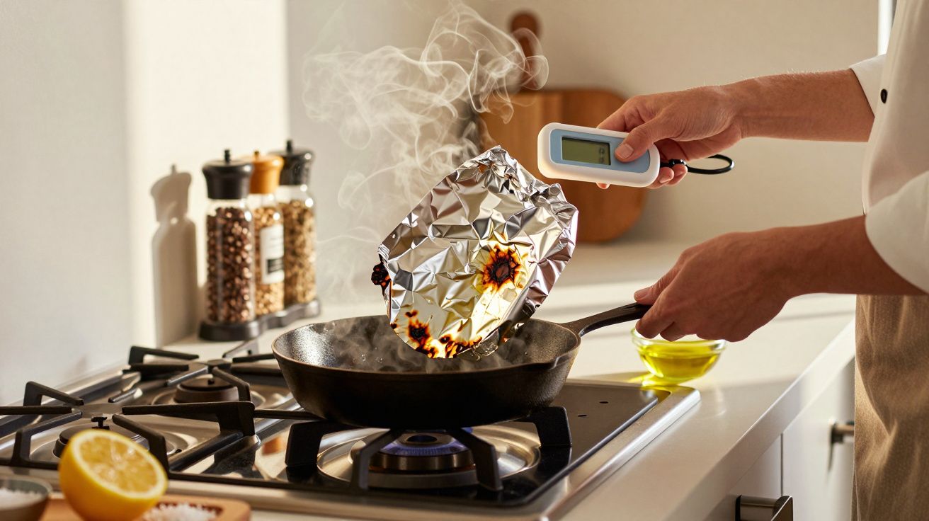 Person misst Temperatur einer Pfanne mit verbranntem Alufolie-Paket auf Gasherd. Rauch steigt auf.