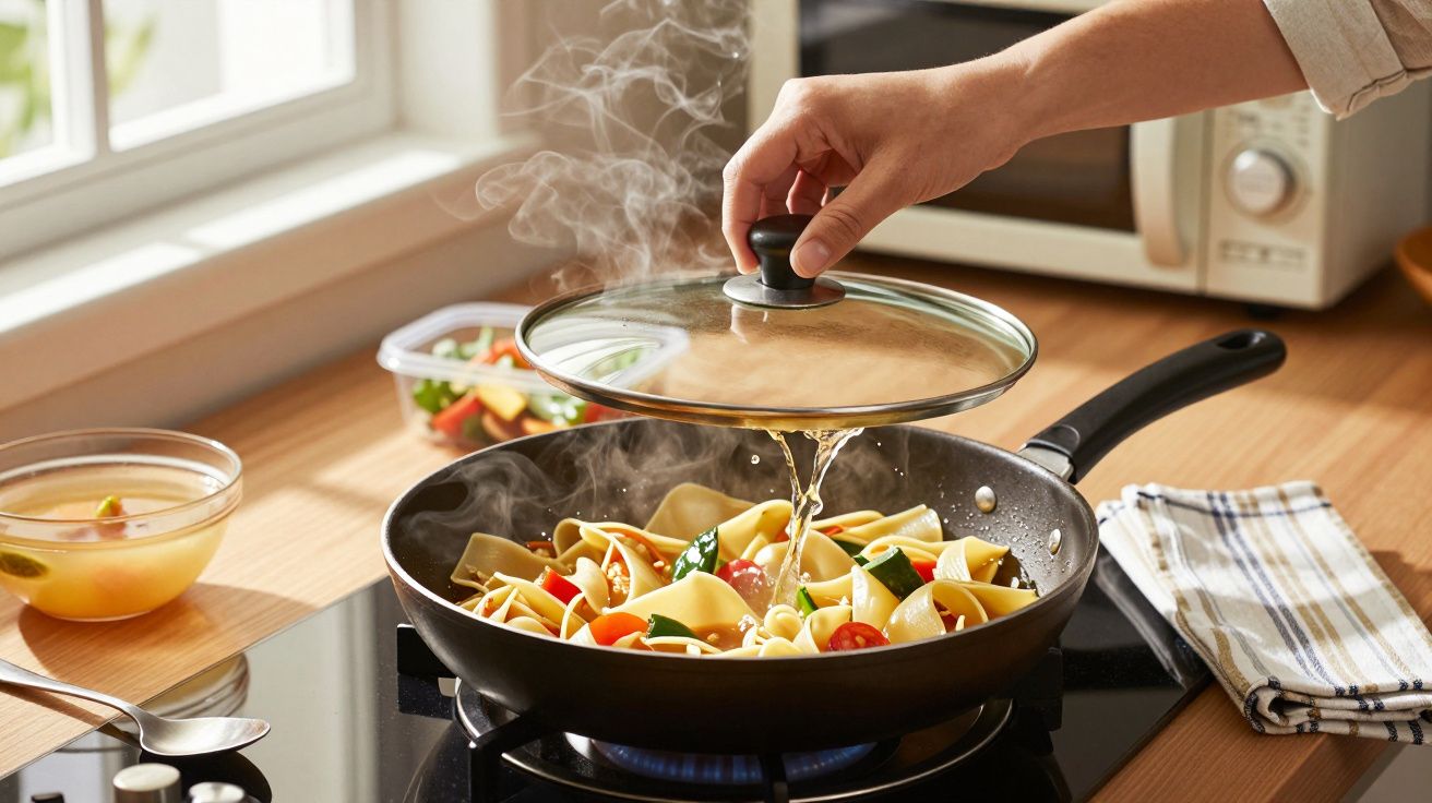 Hand legt Deckel auf dampfende Pfanne mit Pasta und Gemüse. Küche mit Holzarbeitsplatte und Mikrowelle im Hintergrund.
