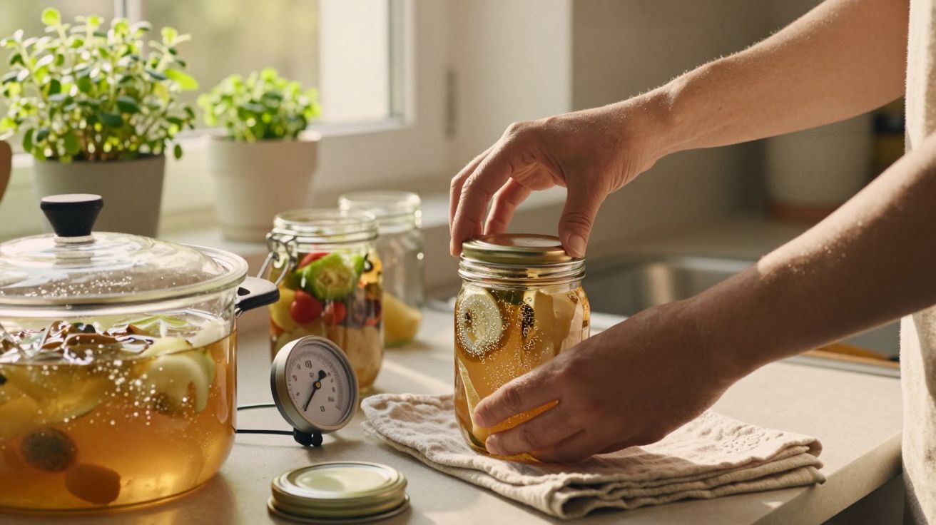 Hände verschließen ein Glas mit eingelegtem Gemüse, daneben ein großer Topf und frische Kräuter am Fensterbrett.