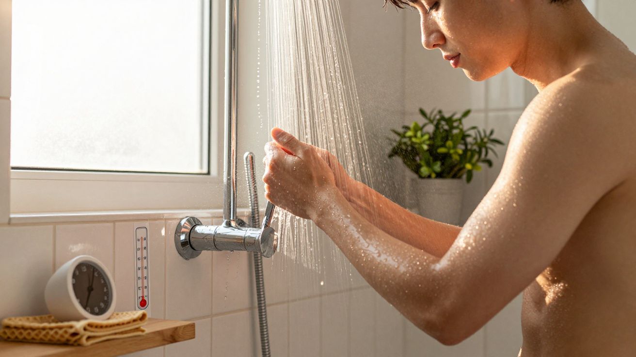 Mann duscht in einem Badezimmer, Wasserstrahl auf Hände gerichtet, Fenster im Hintergrund, eine Pflanze und Thermometer sicht