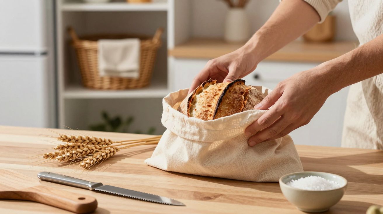 Person legt frisches Brot in einen Stoffbeutel auf einem Holztisch, daneben ein Brotmesser und eine Schale Salz.
