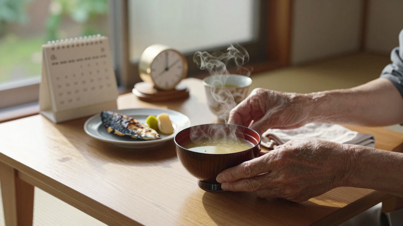 Person hält dampfende Suppe am Tisch mit gegrilltem Fisch, Kalender und Wecker.