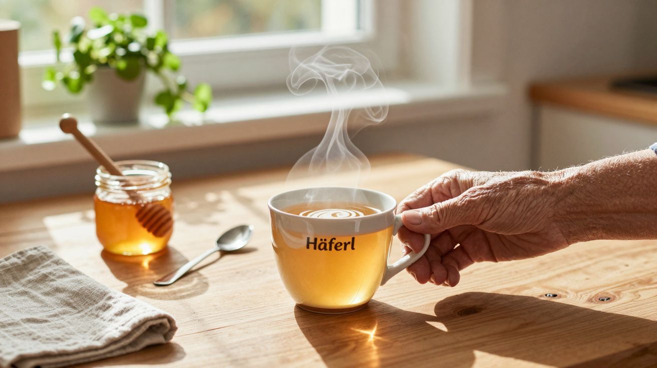 Eine Hand hält eine dampfende Tasse Tee mit der Aufschrift "Häferl" auf einem Holztisch neben einem Honigglas.