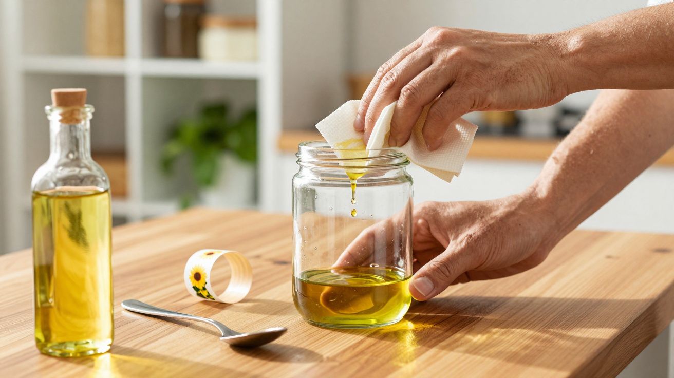 Hände reinigen ein Glas mit Öl auf einem Holztisch, daneben eine Flasche und ein Löffel.