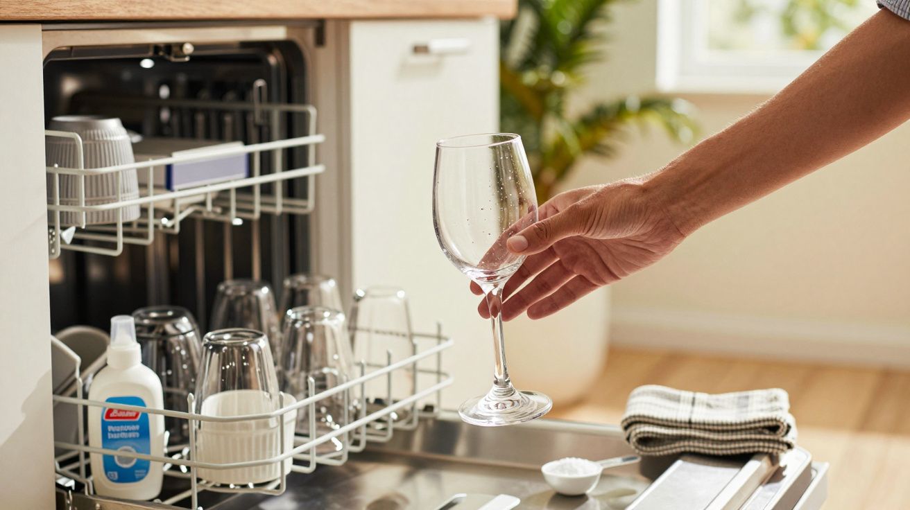 Hand nimmt ein Weinglas aus einem offenen Geschirrspüler voller Geschirr in einer sonnigen Küche.