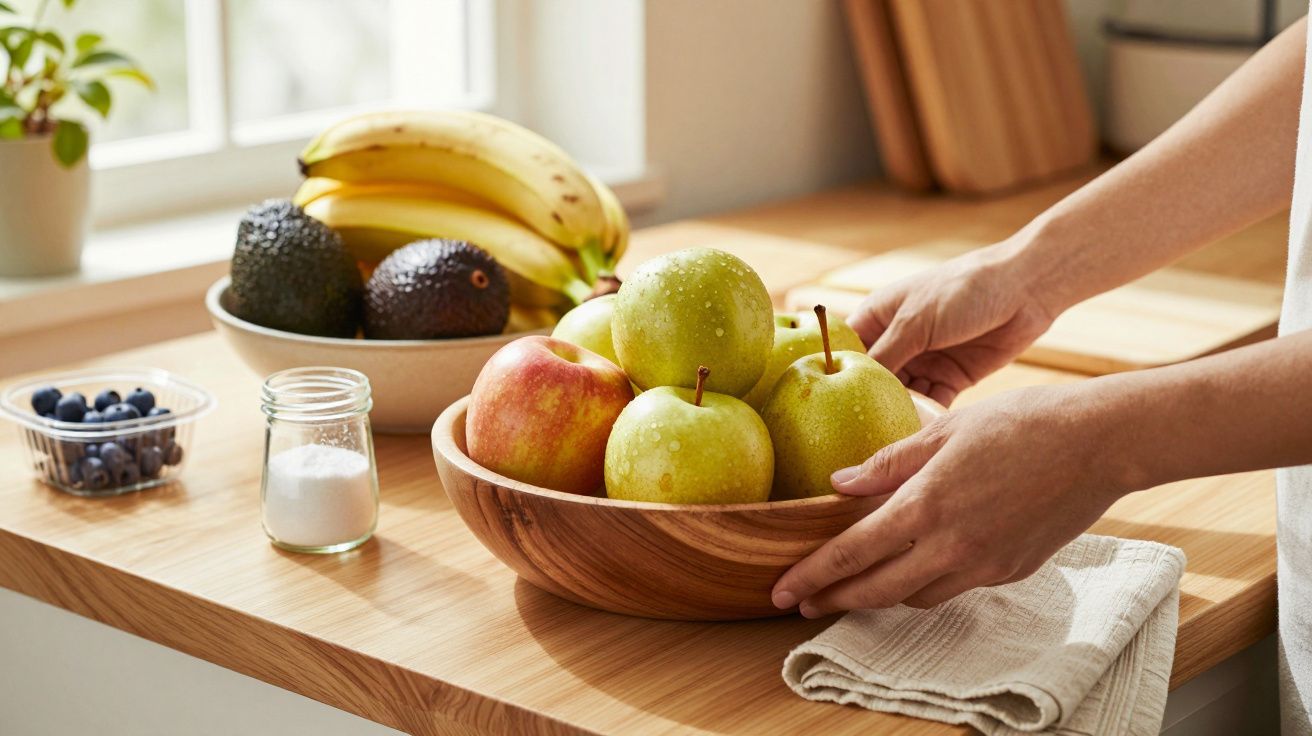 Person arrangiert Obstschale mit Äpfeln auf Holzarbeitsfläche, daneben Bananen, Avocados und Blaubeeren in Schalen.