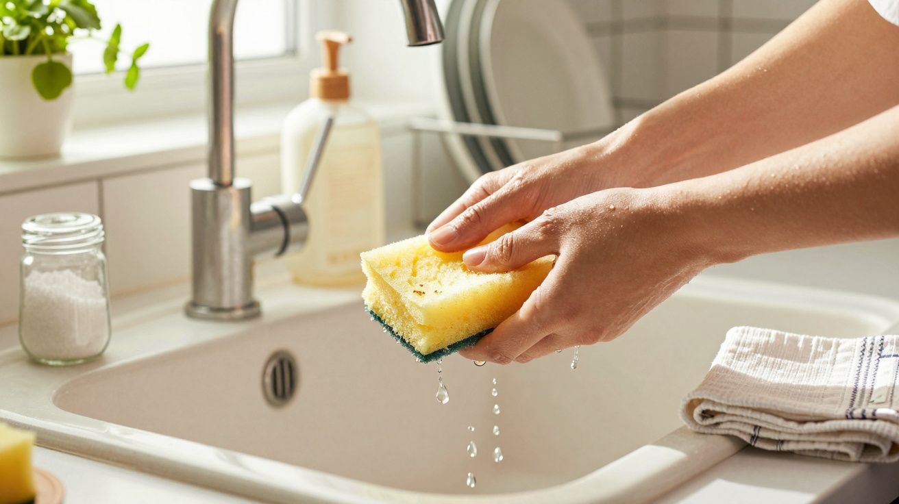 Hände wringen einen gelben Schwamm über einem Waschbecken, Wasser tropft herunter.