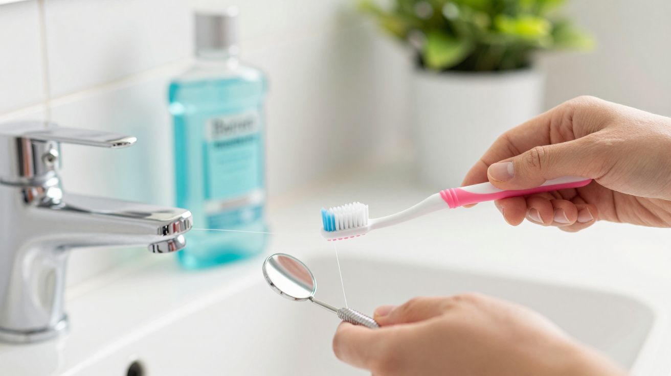 Zahnbürste und Zahnspiegel über Waschbecken mit Mundwasser im Hintergrund.