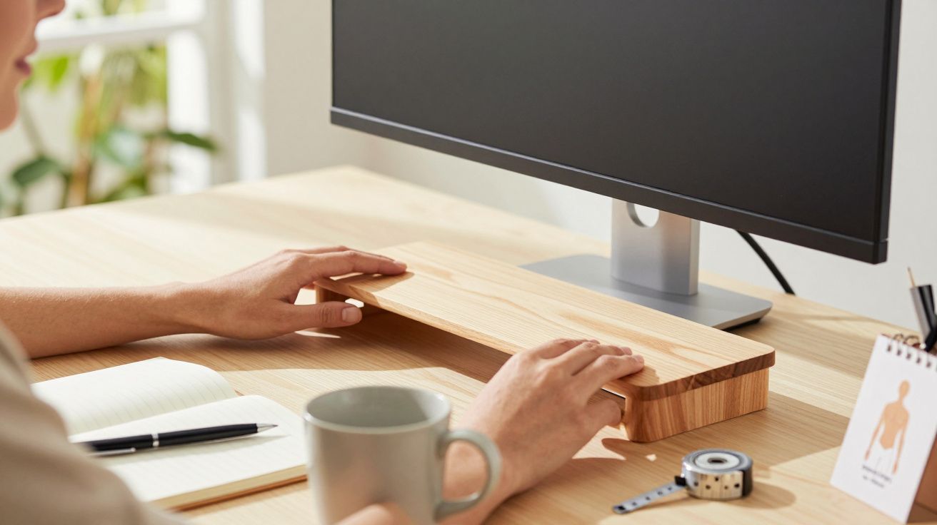 Person an Schreibtisch legt Hände auf Holzablage vor Monitor, daneben Tasse, Notizbuch und Stiftehalter.