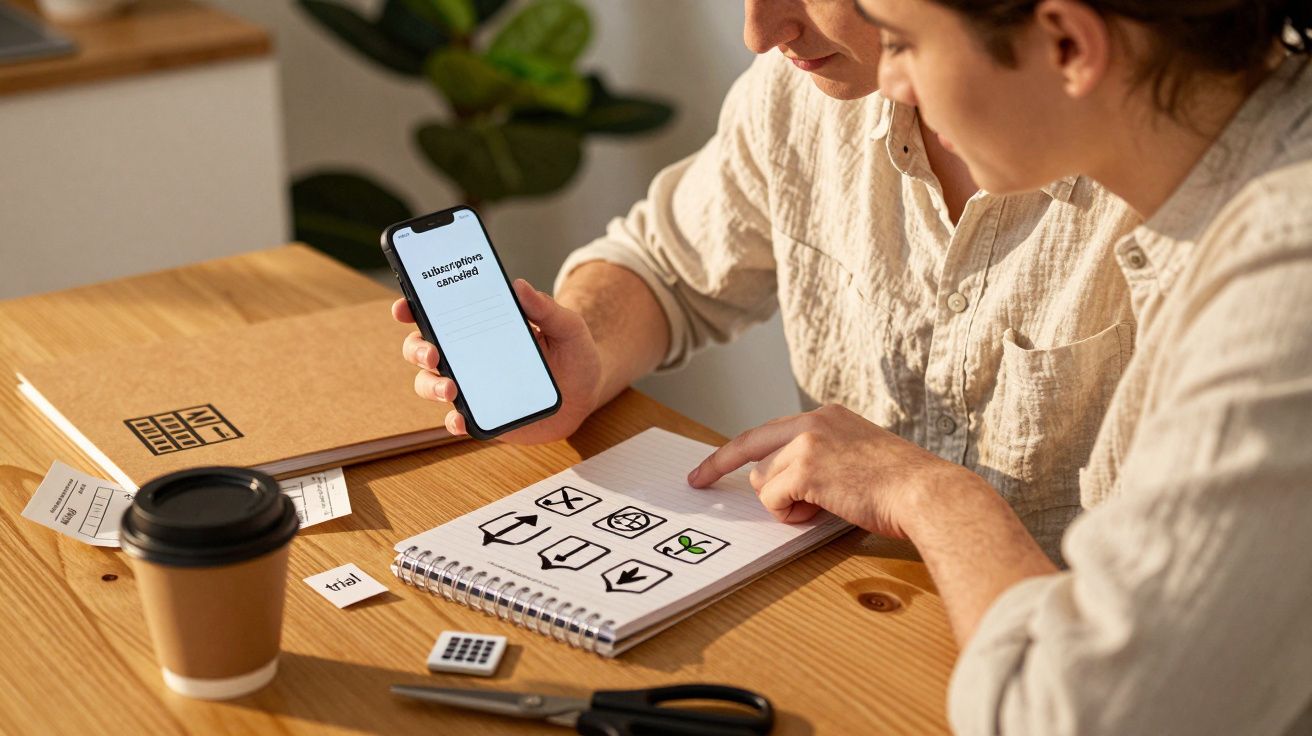 Zwei Personen betrachten Symbolskizzen in einem Notizblock, eine hält ein Smartphone mit Übersetzungs-App, Tisch mit Kaffeebe