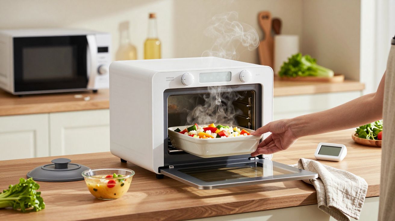 Person entnimmt dampfende Gemüsequiche aus einem weißen Kompaktbackofen in der Küche.