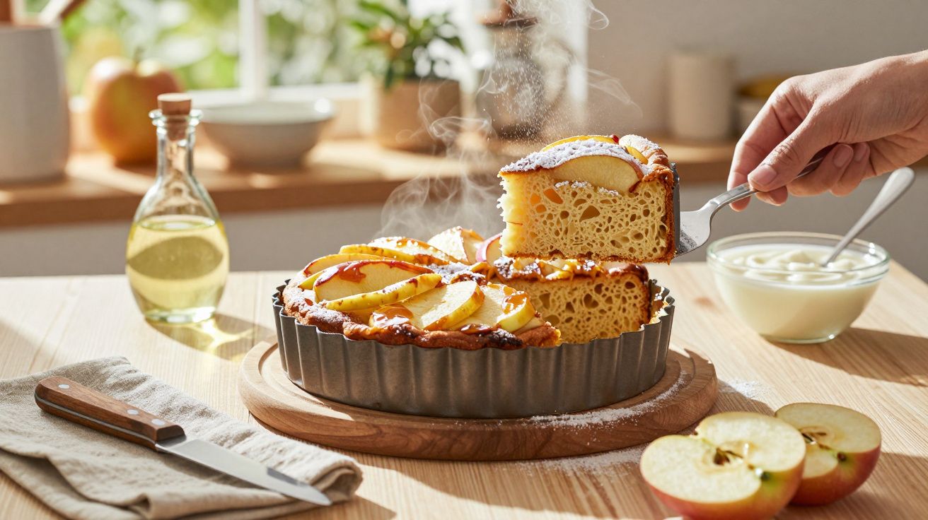Hand hebt warmen Apfelkuchen-Slice aus der Form, Dampf steigt auf, daneben ein Messer und zwei Apfelhälften.