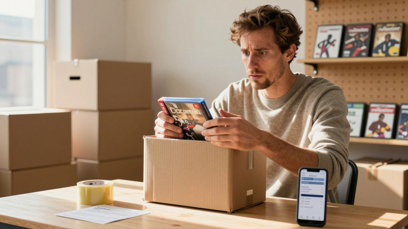 Mann packt DVD in Karton, umgeben von weiteren Kisten und einem Smartphone mit geöffneter App auf dem Tisch.