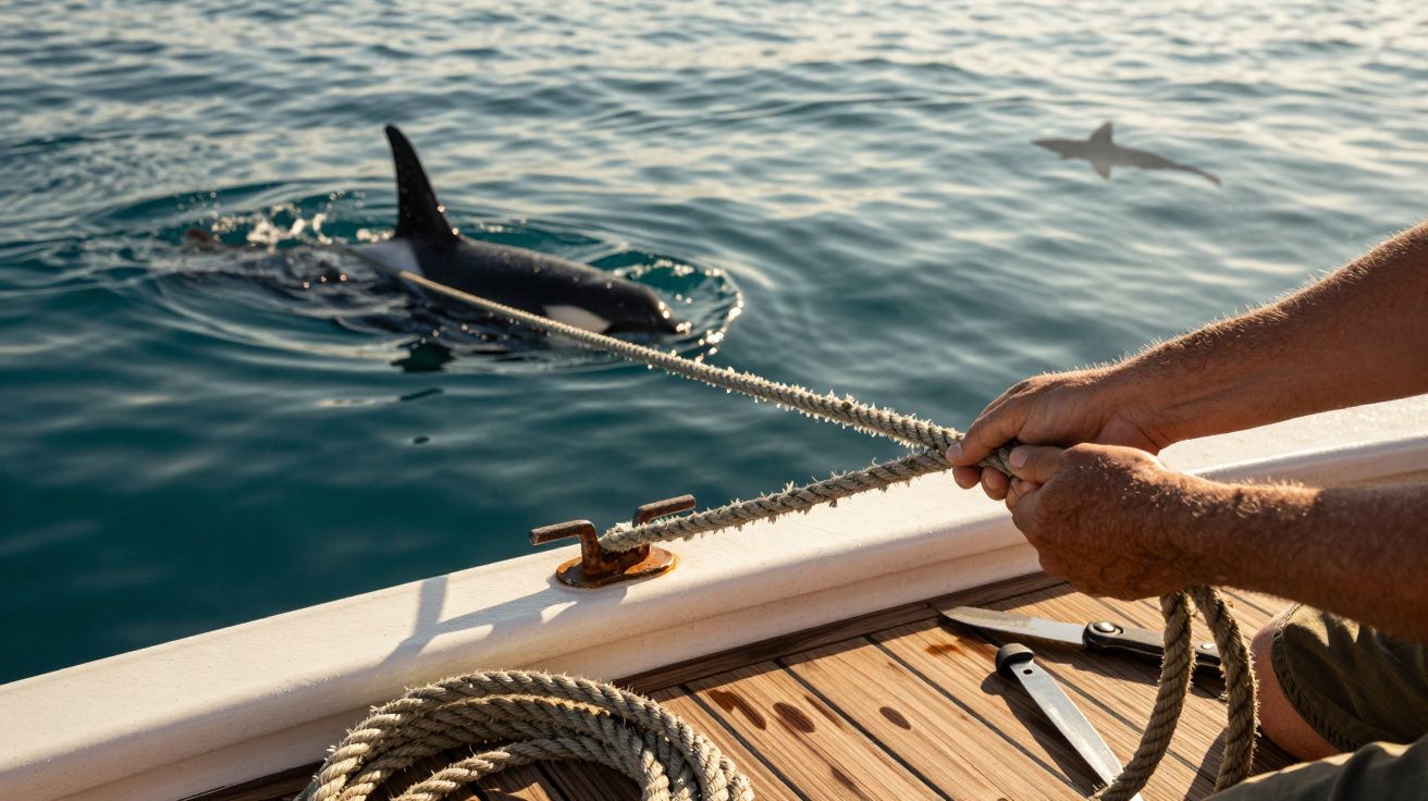 Person auf Boot zieht Seil mit Orca im Wasser, bei ruhiger See.