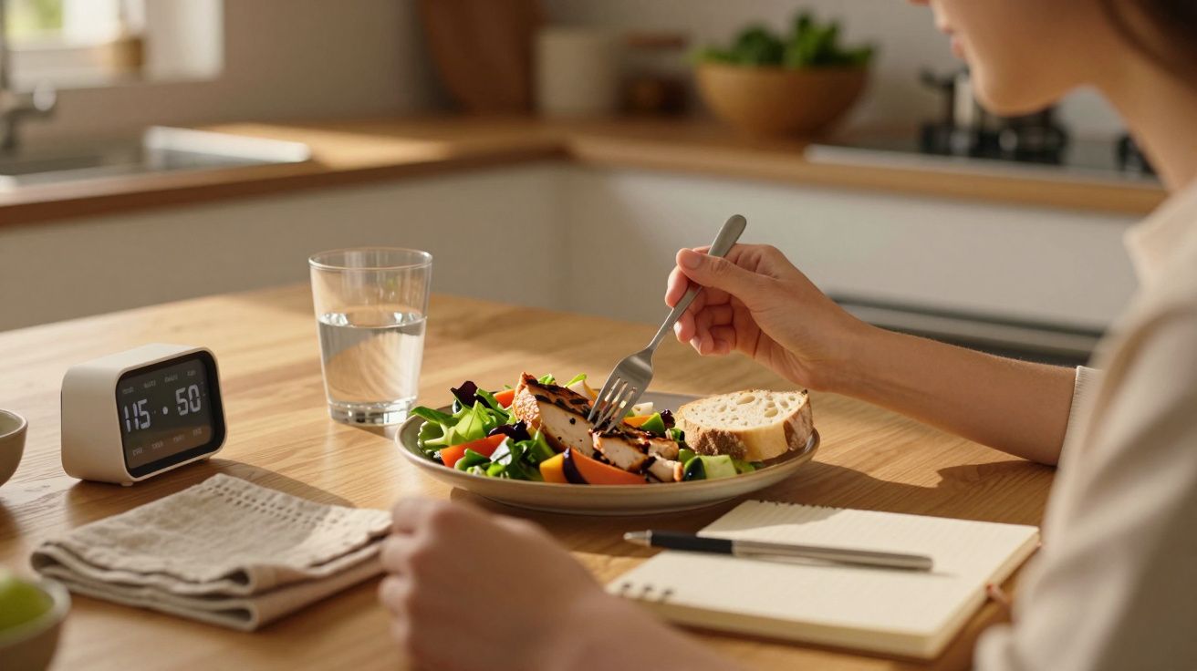 Person isst Salat und Hühnchen am Tisch, daneben Uhr und Notizbuch in heller Küche.