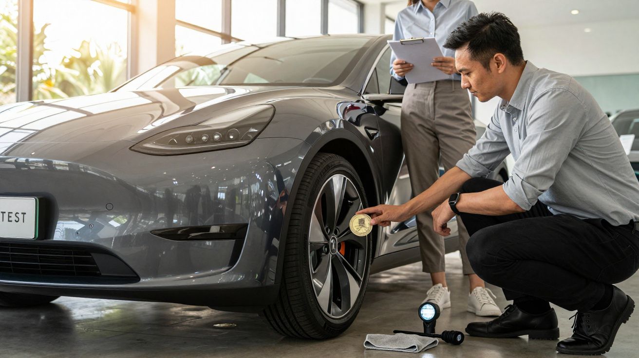 Ein Mann inspiziert den Reifen eines grauen Autos, während eine Person daneben Notizen macht.