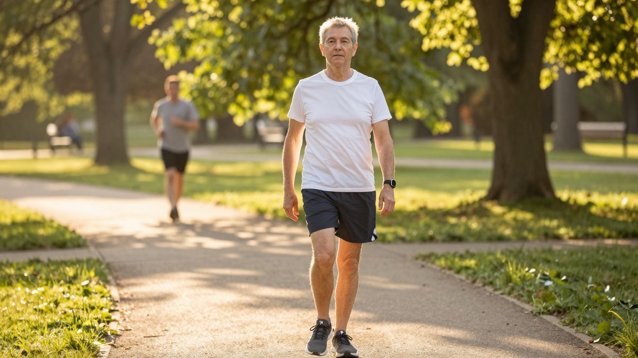 Älterer Mann in Sportkleidung spaziert im Park auf sonnigem Fußweg, Bäume im Hintergrund, entspannte Atmosphäre.