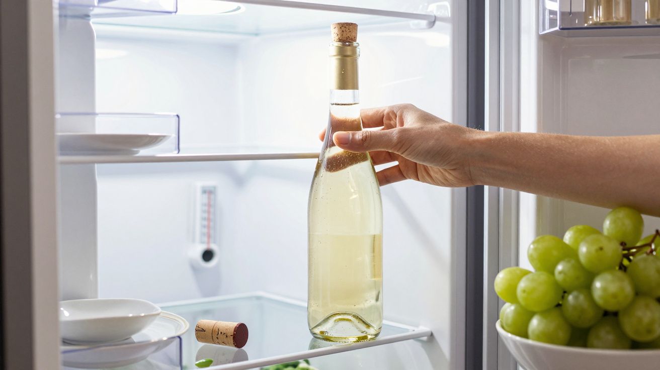 Person nimmt Weinflasche aus dem Kühlschrank, daneben liegt ein Korken, im Vordergrund eine Schale mit grünen Trauben.