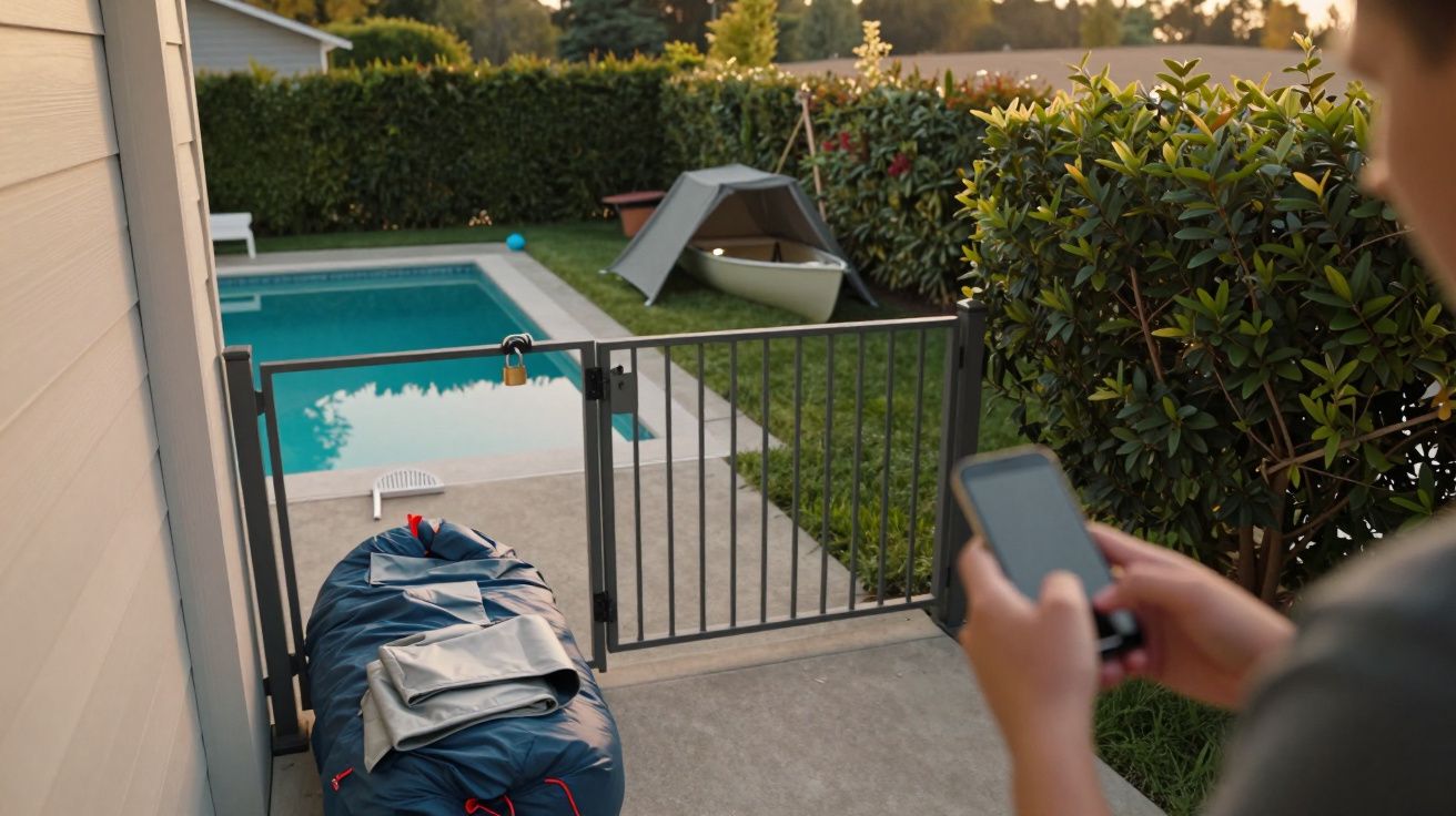 Person mit Smartphone vor verschlossenem Gartentor, das zu einem Pool mit Zelt und Liegestuhl führt.