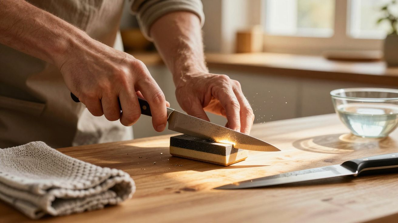 Person schleift ein Messer auf einem Schleifstein, mit einem weiteren Messer und einem Glas Wasser daneben.