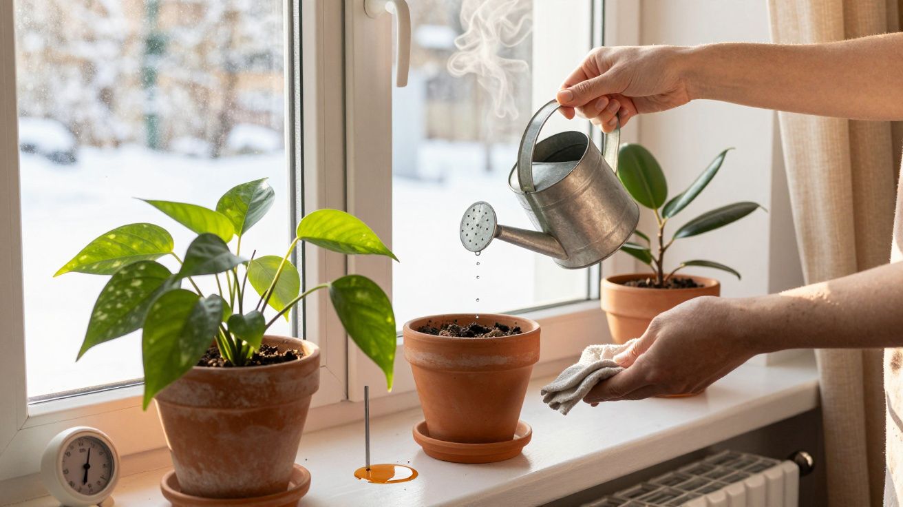 Person gießt Zimmerpflanzen auf einer Fensterbank mit einer Metallkanne, draußen liegt Schnee.