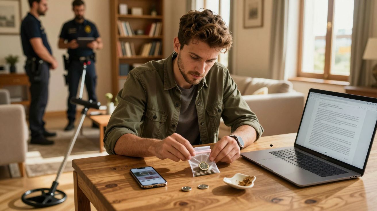 Ein Mann untersucht Münzen am Tisch mit Laptop und Handy; im Hintergrund stehen zwei Polizisten.