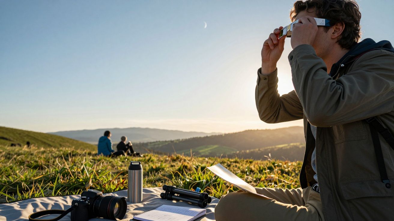Mann sitzt auf einer Wiese mit Kamera und Thermoskanne, schaut durch ein Fernglas, während im Hintergrund zwei Menschen sitze