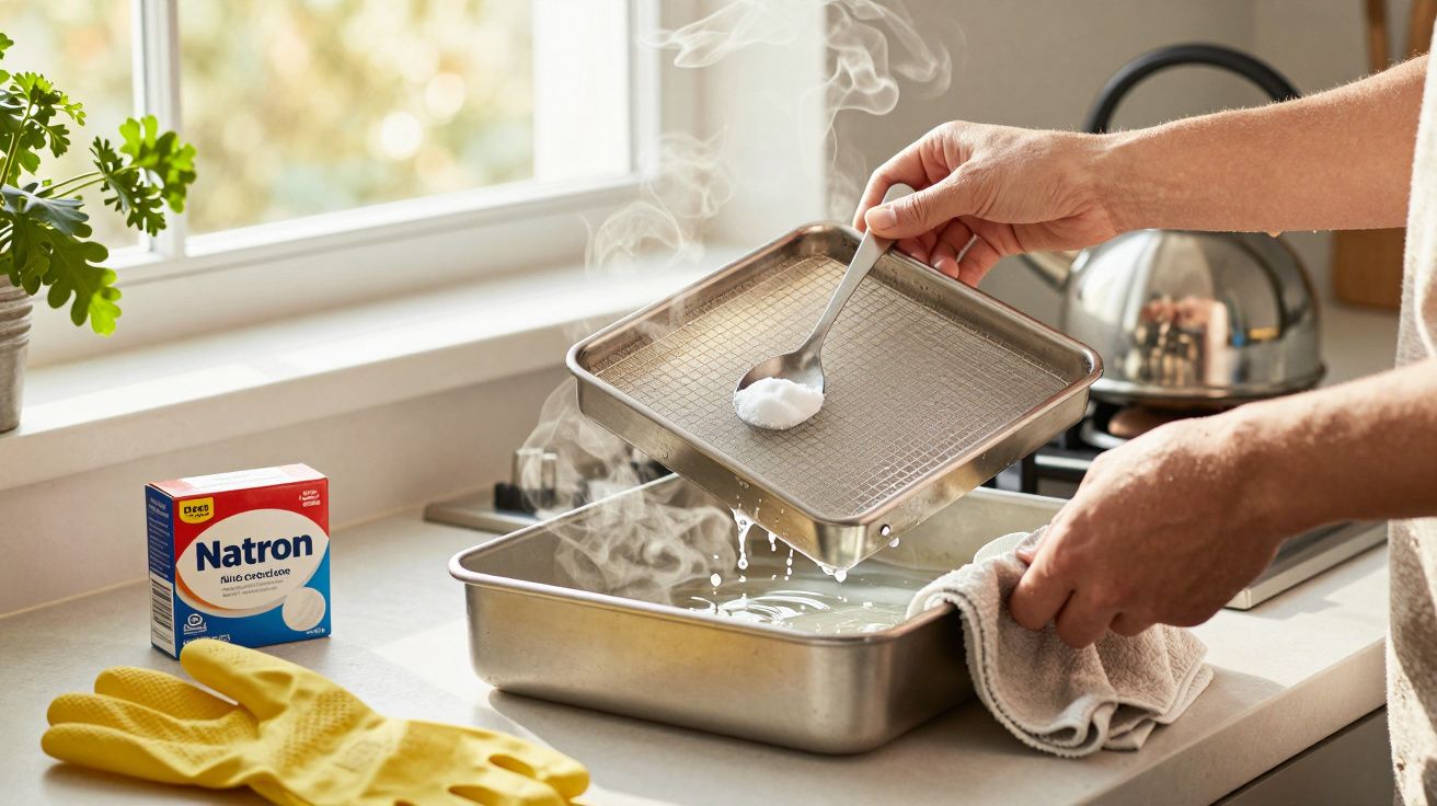 Person reinigt ein Backblech mit Natron über einem dampfenden Wasserbad in der Küche.