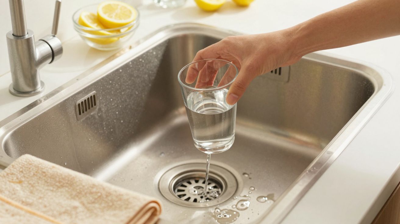 Hand hält Glas, Wasser fließt in Spülbecken, Zitronen im Hintergrund.