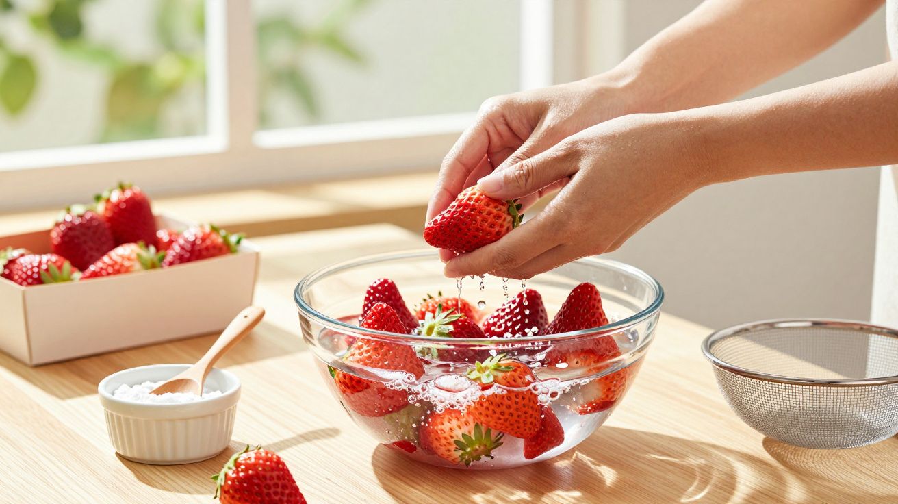 Hände waschen Erdbeeren in einer Glasschüssel; daneben ein Sieb und eine Schale mit Zucker auf Holztisch.