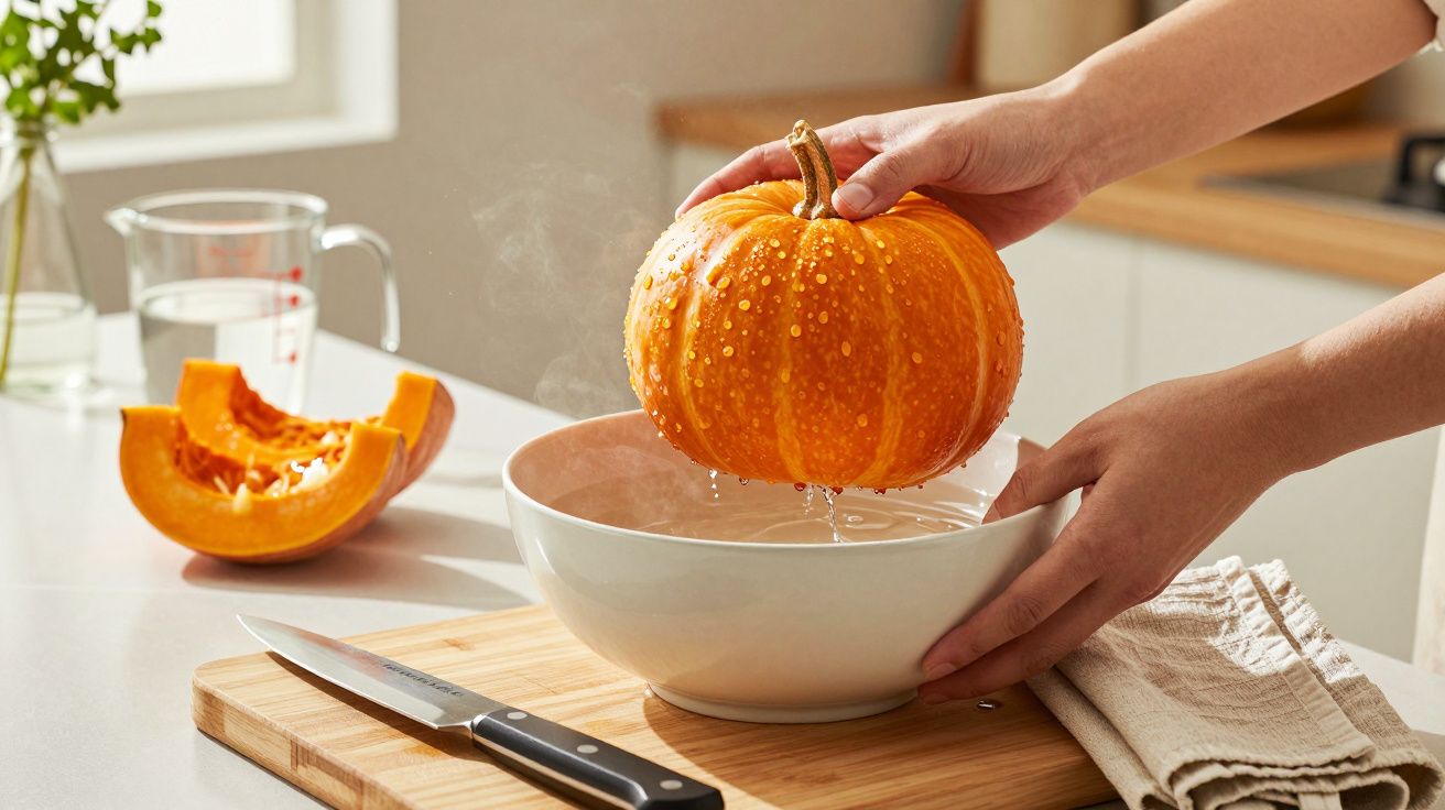 Person hält Kürbis über einer Schüssel. Daneben Messer und Kürbisstück auf Holzbrett in heller Küche.