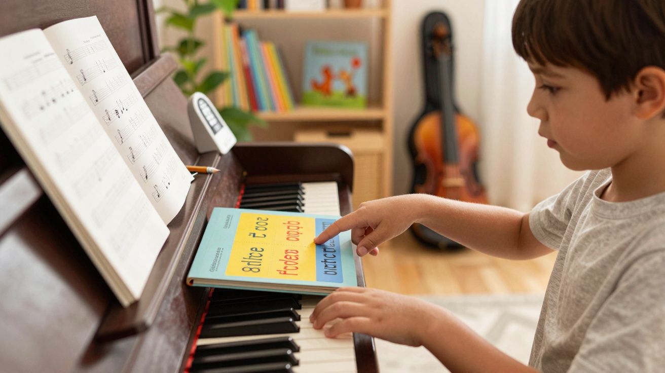 Ein Junge spielt Klavier und zeigt auf ein Notenbuch auf dem Notenständer neben einer Geige im Hintergrund.