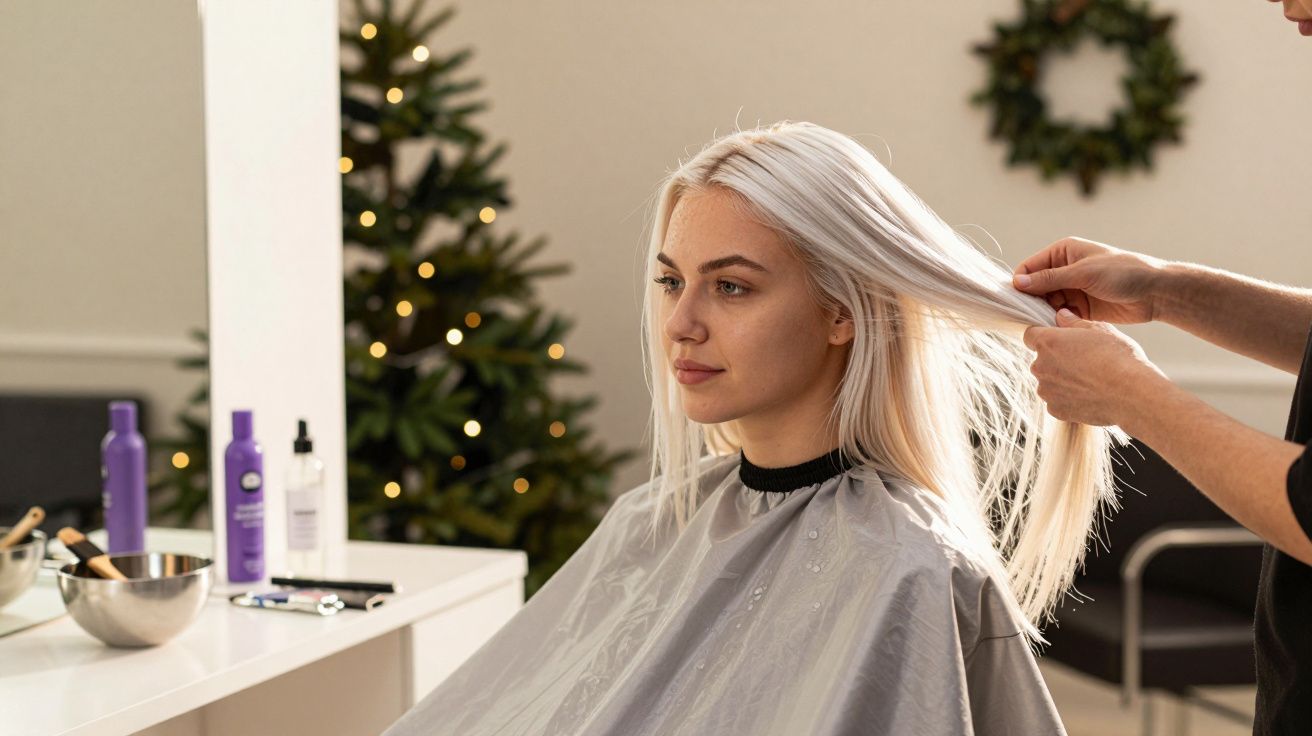 Frau mit weißblondem Haar im Friseursalon, Weihnachtsbaum im Hintergrund, Friseur stylt ihr Haar.