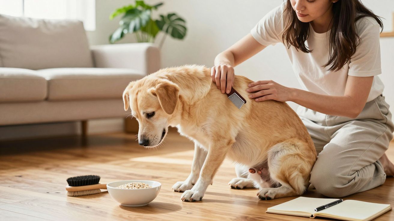 Frau bürstet gelben Hund im Wohnzimmer. Hund sitzt neben Bürste, Schüssel und Notizbuch auf Holzboden.