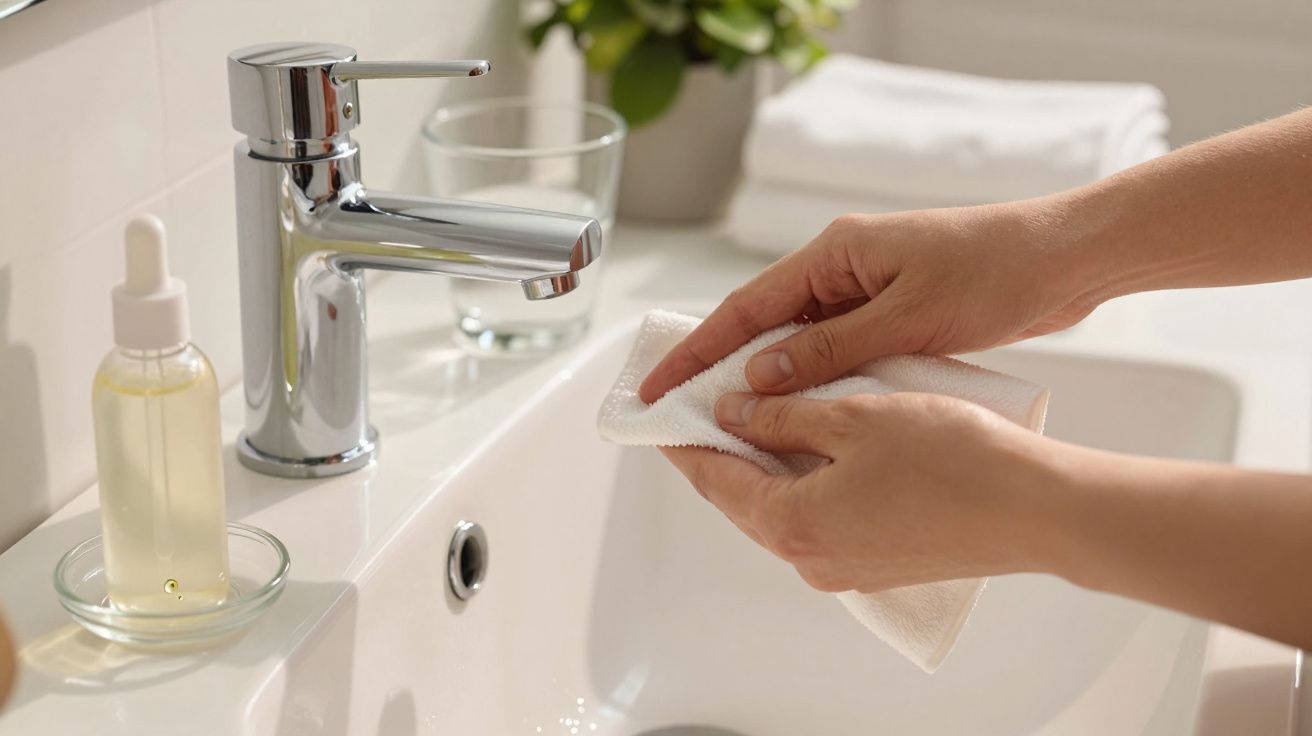 Hände reinigen ein weißes Tuch über einem Waschbecken mit Seifenspender und Pflanzen im Hintergrund.