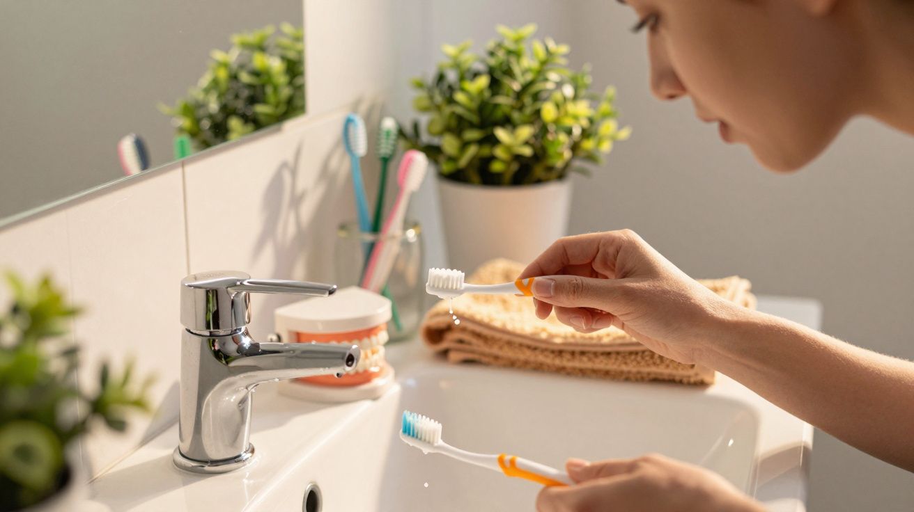 Person putzt im Badezimmer eine Zahnbürste über dem Waschbecken, Pflanzen im Hintergrund.