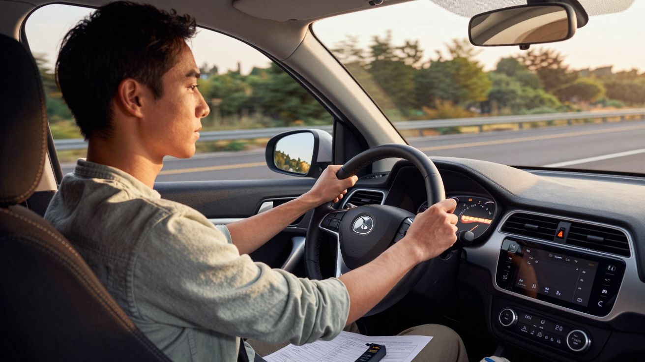 Ein Mann fährt bei Sonnenuntergang ein Auto auf der Autobahn.