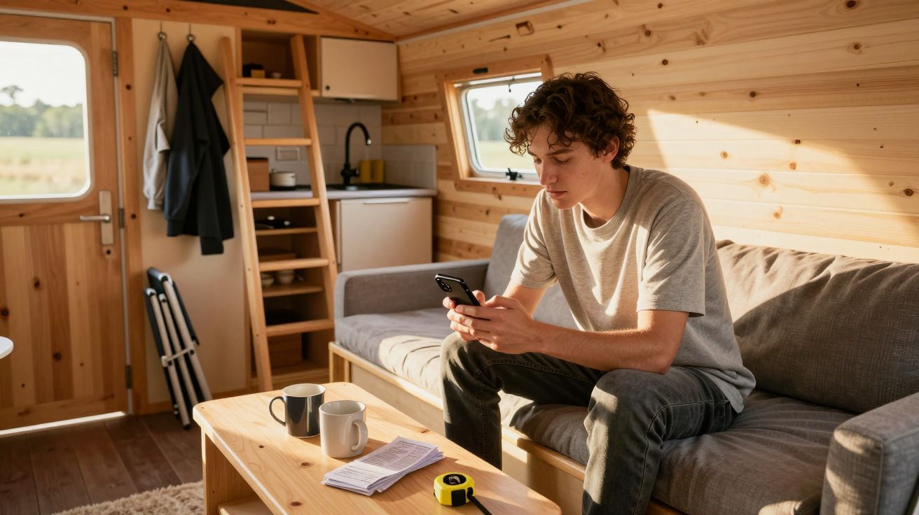 Mann sitzt in einem gemütlichen Tiny House auf einer Couch und schaut auf sein Smartphone, Kaffeetassen und Notizen auf dem T