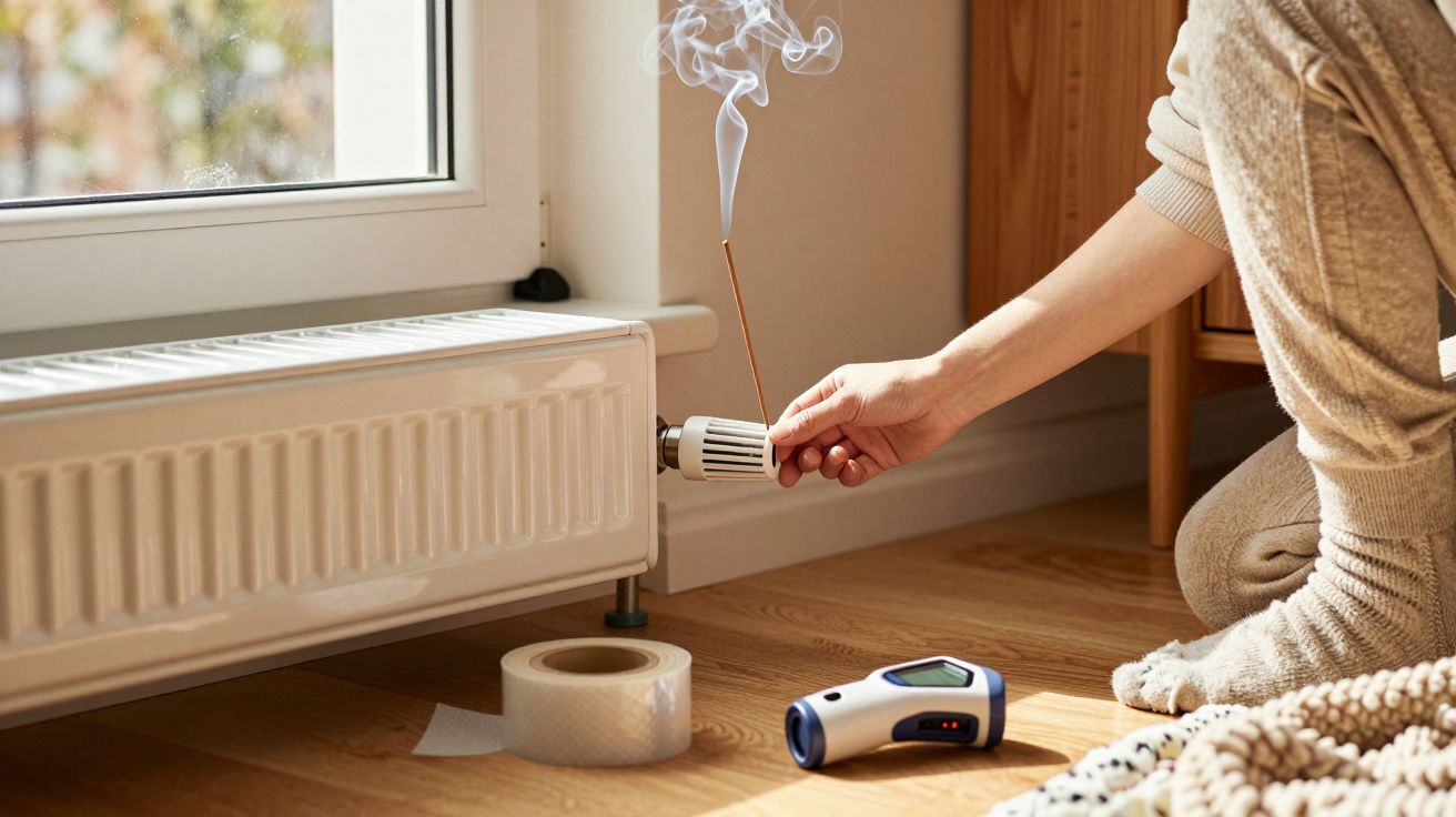 Person überprüft Heizkörper mit Räucherstäbchen auf Luftzirkulation, neben einem Infrarot-Thermometer auf Holzboden.