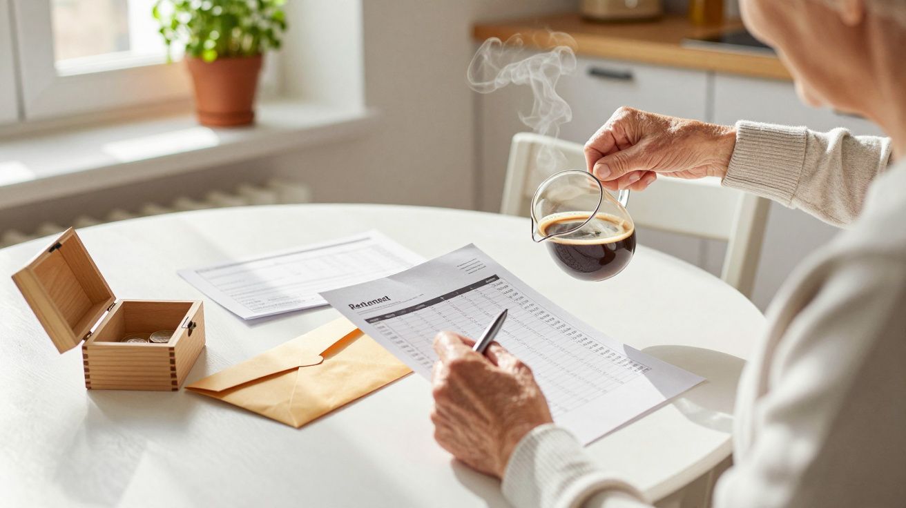 Ältere Person gießt Kaffee ein und füllt einen Rentenantrag am Tisch aus, daneben Briefumschlag und Holzbox.