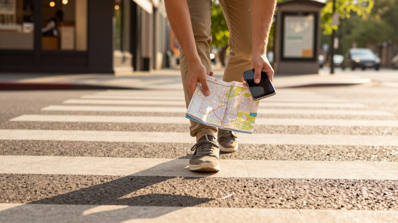 Person mit Karte und Smartphone geht über Zebrastreifen in der Stadt.