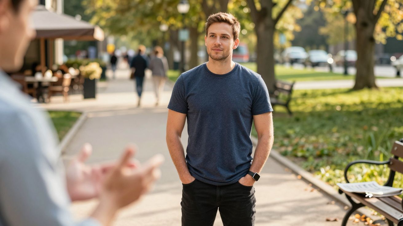 Mann in blauem T-Shirt steht auf einem sonnigen Parkweg, während jemand im Vordergrund gestikuliert.