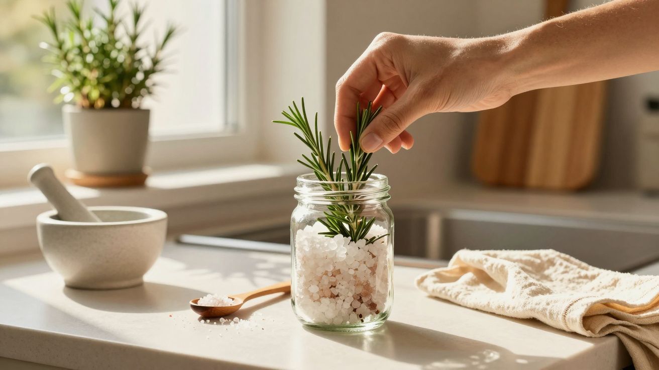 Hand platziert Rosmarin in einem Glas mit grobem Salz auf einer Küchenarbeitsplatte, Mörser im Hintergrund.