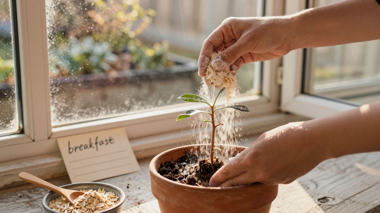 Hände streuen Erde über eine Pflanze in einem Topf auf der Fensterbank, neben einer Schale mit Haferflocken.