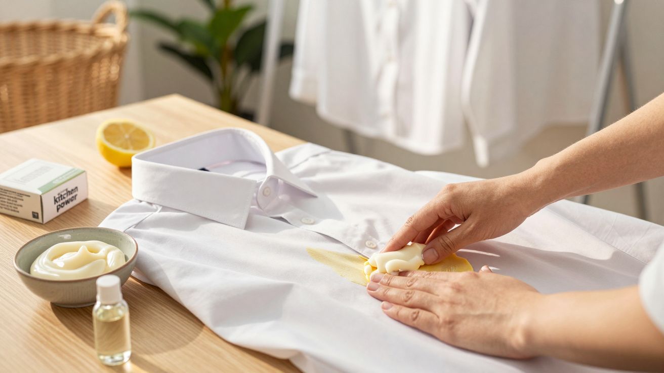 Person reinigt ein weißes Hemd mit gelbem Fleck auf einem Tisch mit Zitrone und Reinigungsmitteln.