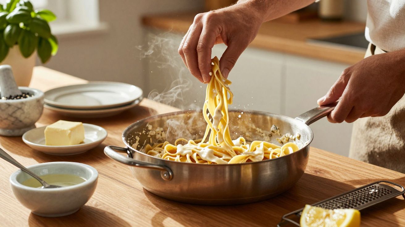 Person kocht dampfende Nudeln in Pfanne auf Holztisch mit Butter und Zitrone, Basilikum im Hintergrund.
